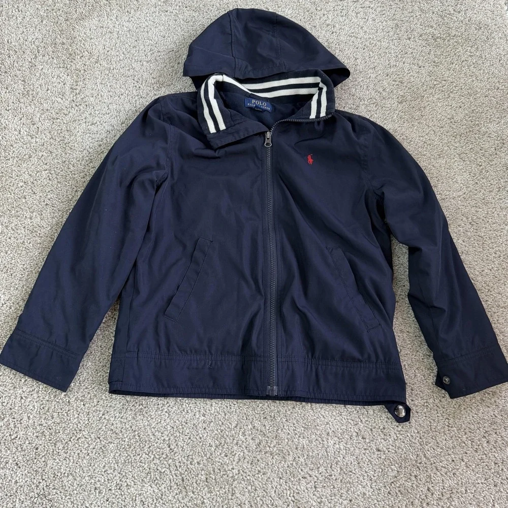 Polo Ralph Lauren Jacket Boys 10/12 Blue Hooded Windbreaker Zip Pockets Logo